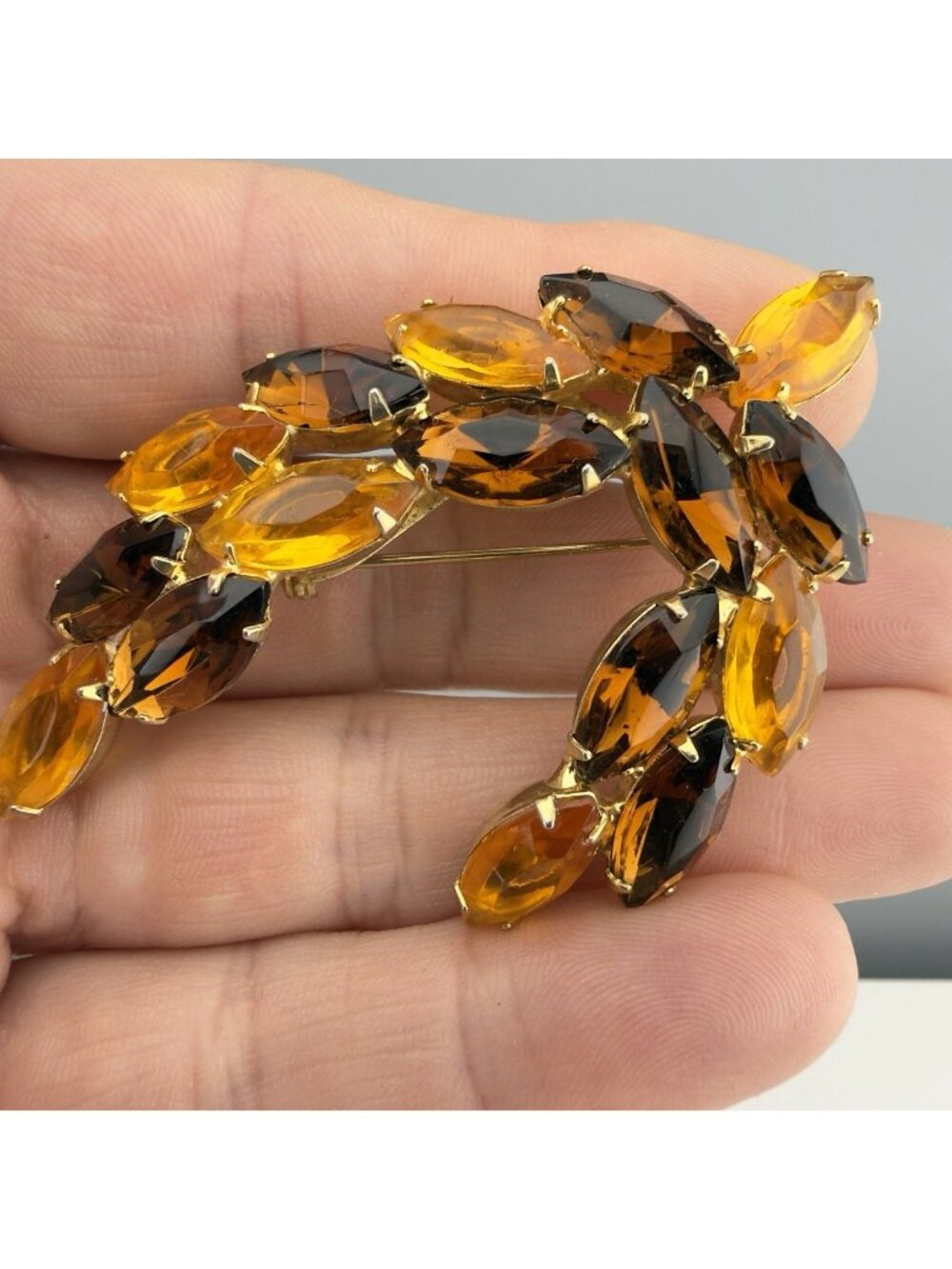 Vintage Rhinestone Brooch Fall Colors Gold Tone Prong Set Stones Autumn